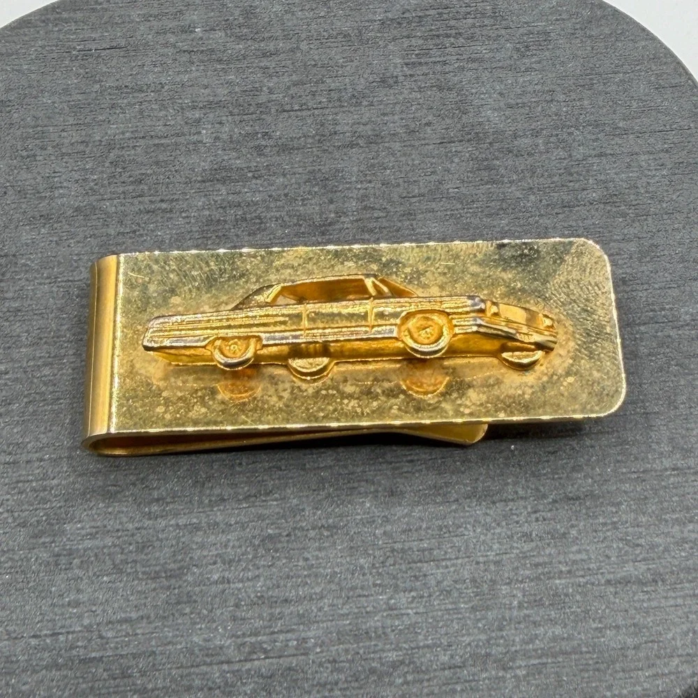 Gold Tone Classic Car Money Clip Raised Automobile Motif Collectible Mens Gift